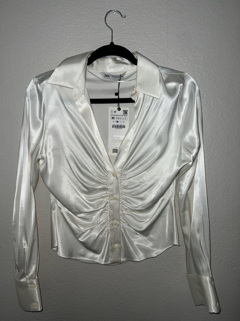 ZARA Ivory Satin Ruched Button-Front Blouse